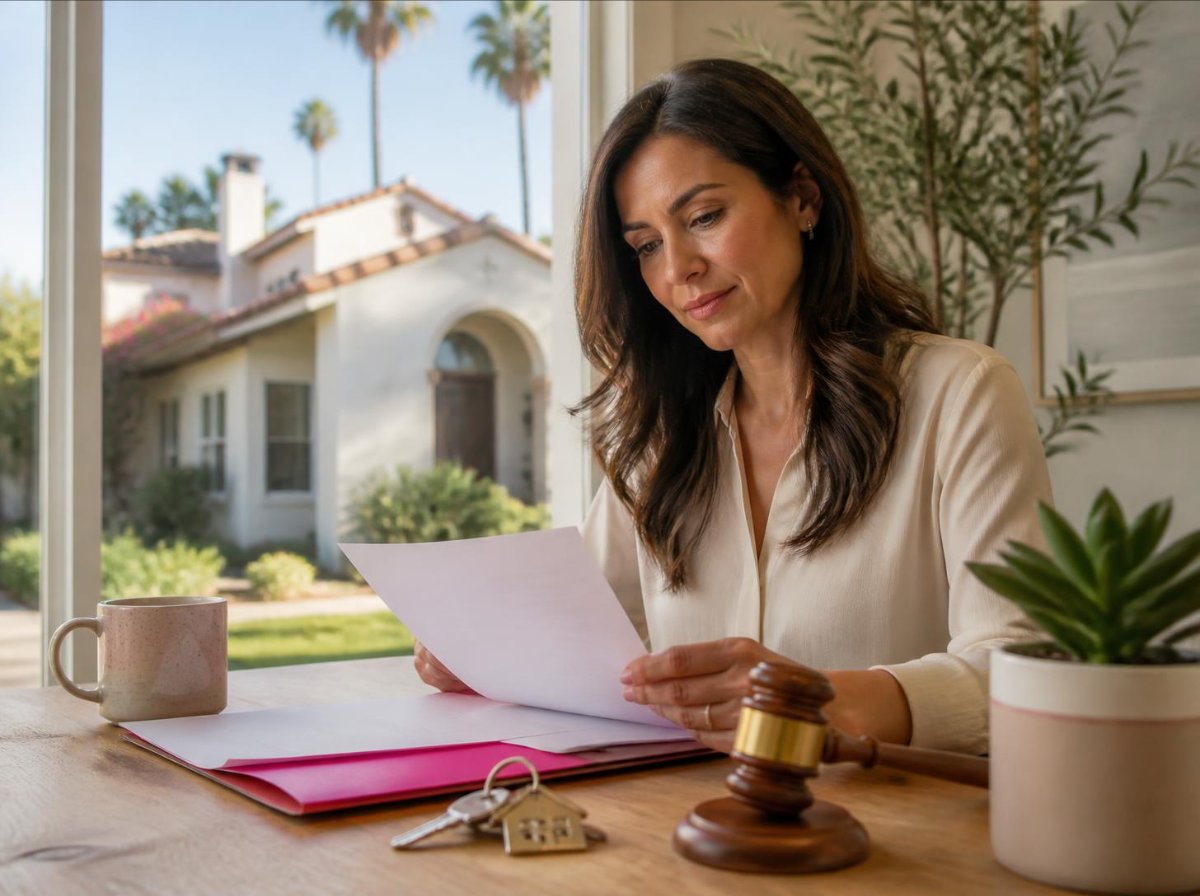 Woman reviewing estate paperwork with a gavel and house keys in front of a California home