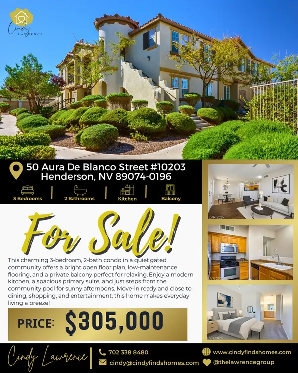 🏡 For Sale! 50 Aura De Blanco Street #10203, Henderson, NV 89074 ✨

Your perfect 3-bedroom, 2-bath condo is waiting in a quiet gated community! Enjoy an open-concept layout, low-maintenance flooring, a modern kitchen with stainless appliances, and a private balcony—just steps from the community pool. 🌞 Move-in ready and close to The District at Green Valley Ranch 

💰 Listed at $305,000