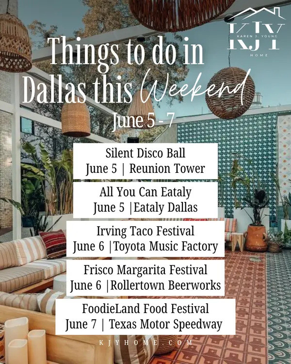 Weekend plans = sorted! 🗓️ If you’ve been wondering what’s happening around town, Dallas is completely showing out this weekend (June 5–7) with an incredible lineup of events. 


✨ Silent Disco Ball
🍝 All You Can Eataly 
🌮 Irving Taco Festival 
🍹 Frisco Margarita Festival
🍔 FoodieLand Food Festival 


#ThingsToDoInDallas #DallasTexas #DallasFoodie #DFWRealEstate #DallasWeekend
