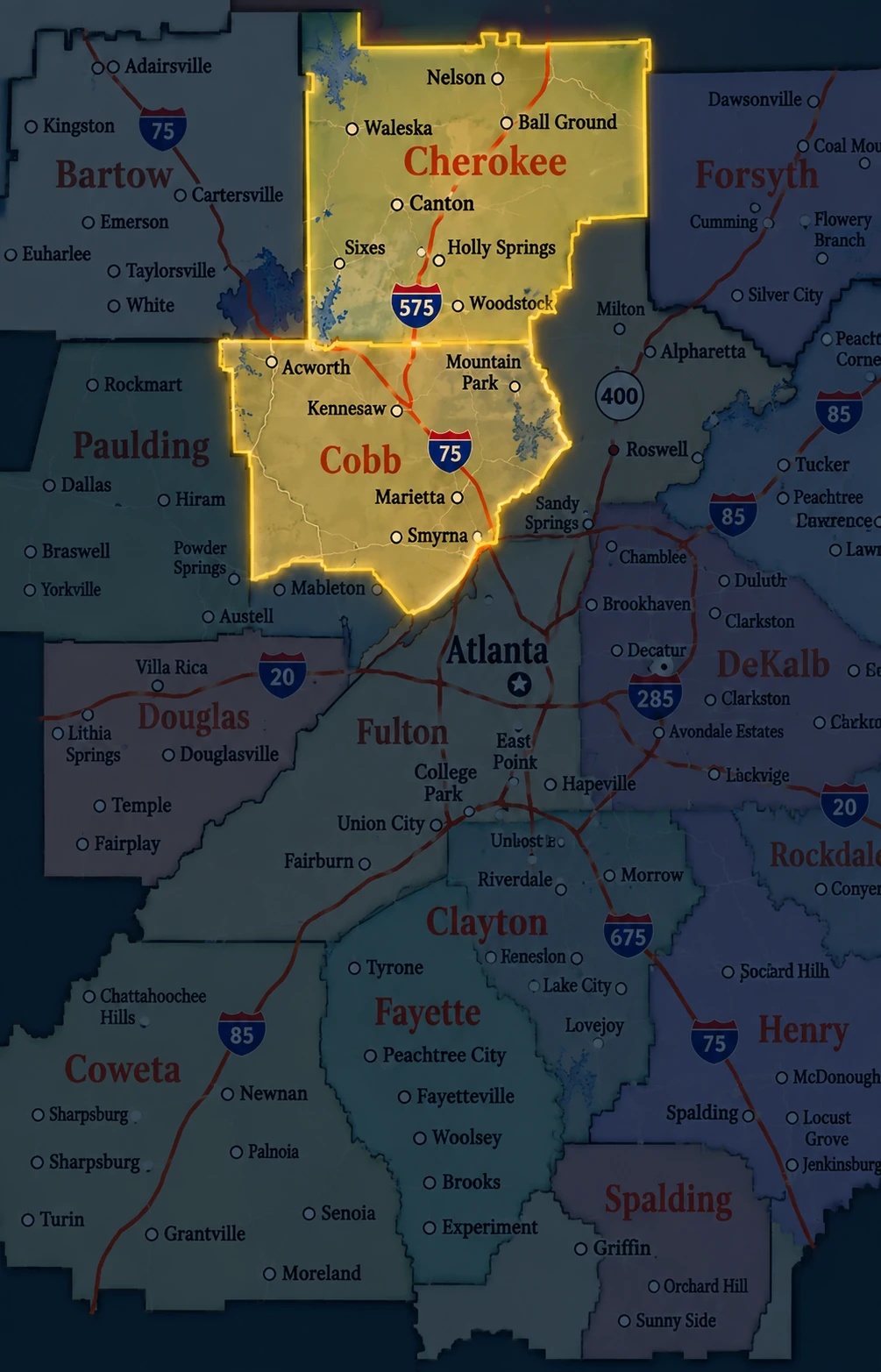 Metro Atlanta map with Cobb County and Cherokee County highlighted in gold