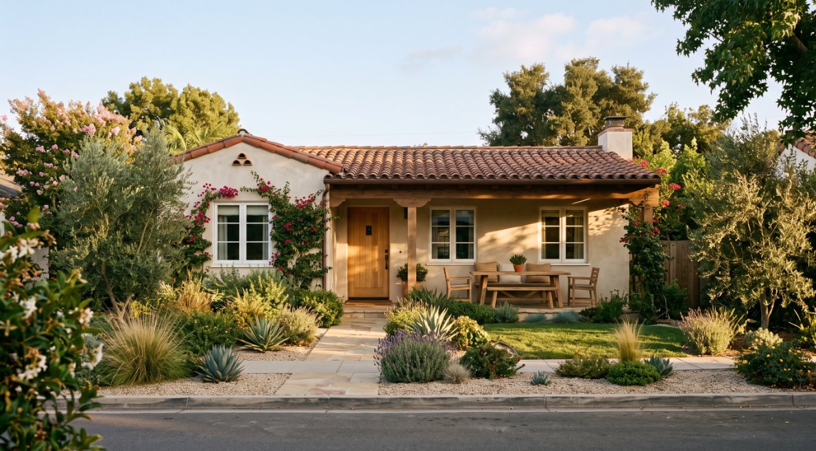 Coastal Southern California home with a covered patio in late-afternoon fall light.
