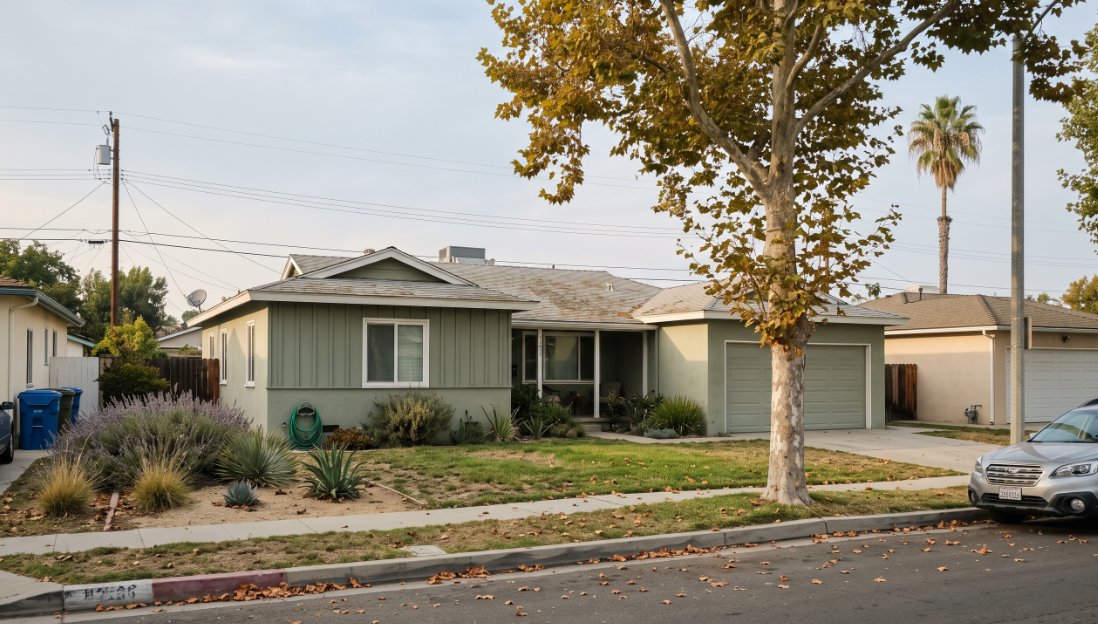 Single-story ranch home on a tree-lined Costa Mesa street in soft October afternoon light.