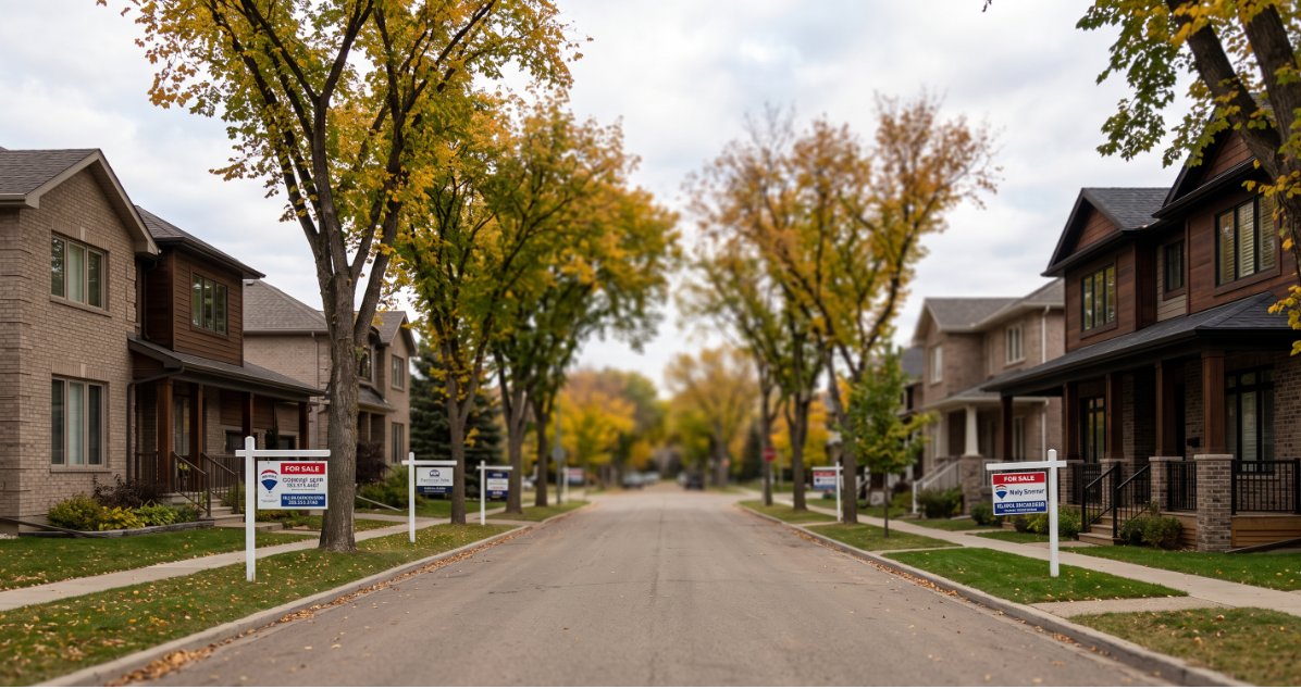 Suburban Edmonton street in fall with real estate for-sale signs, representing the city's shifting buyer's market