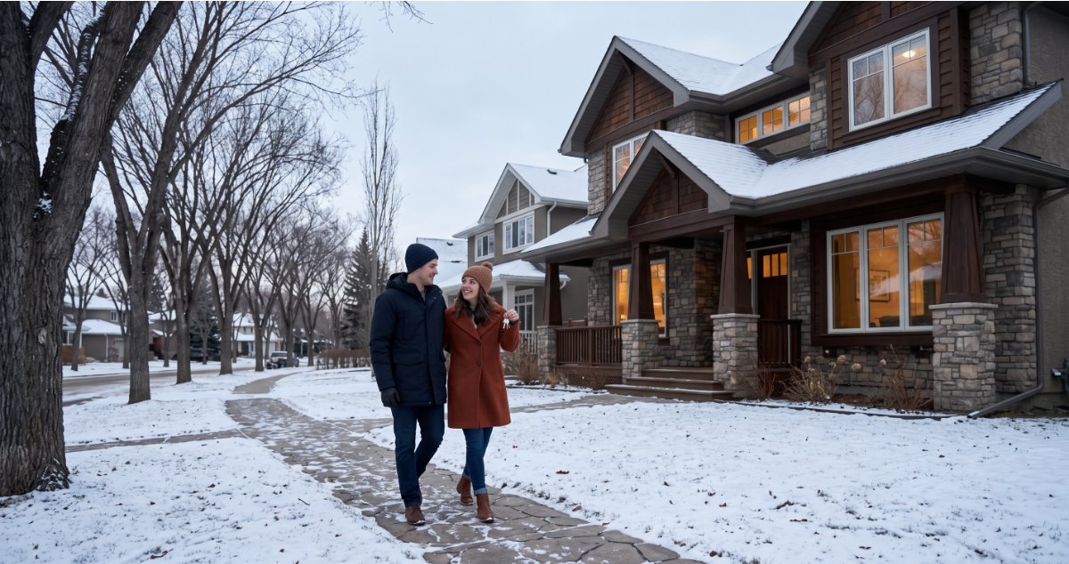 First-time home buyers with a 30-year mortgage approval walking up to a two-storey craftsman home in a snow-dusted Edmonton subdivision at dusk, holding house keys
