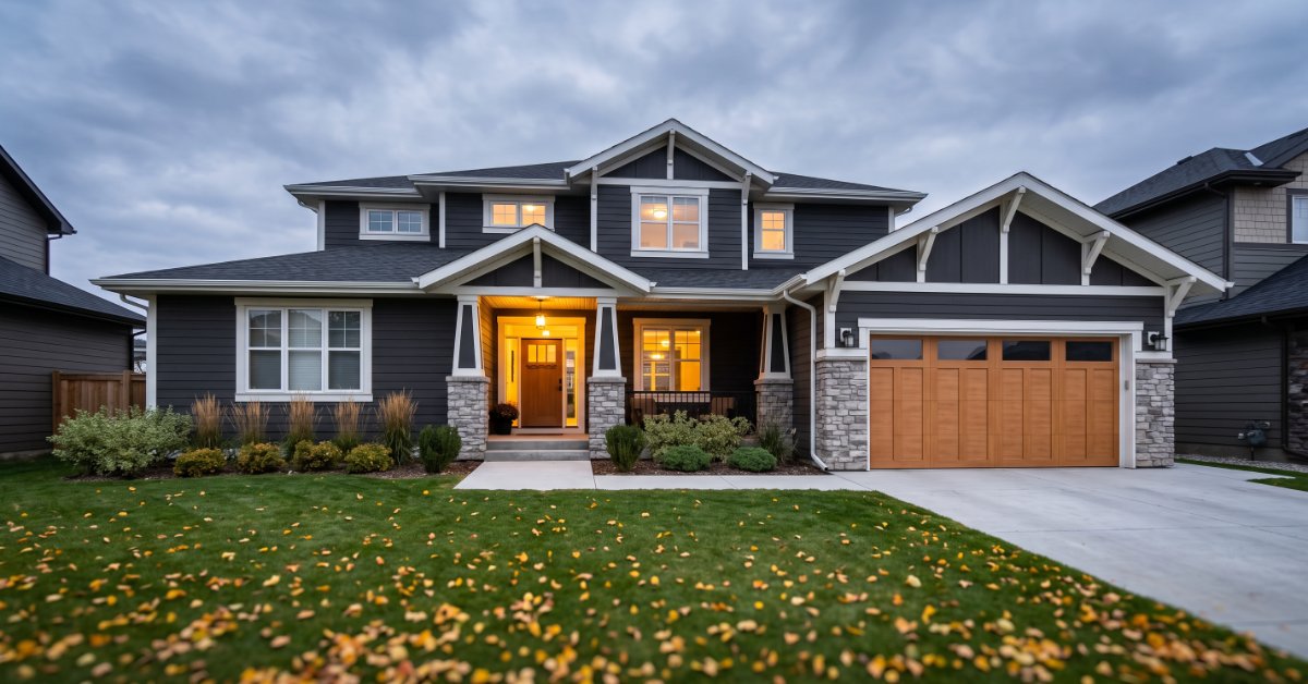 Fall curb appeal on a two-storey craftsman home in an Edmonton suburb, with tidy landscaping and a wood-tone garage door at dusk
