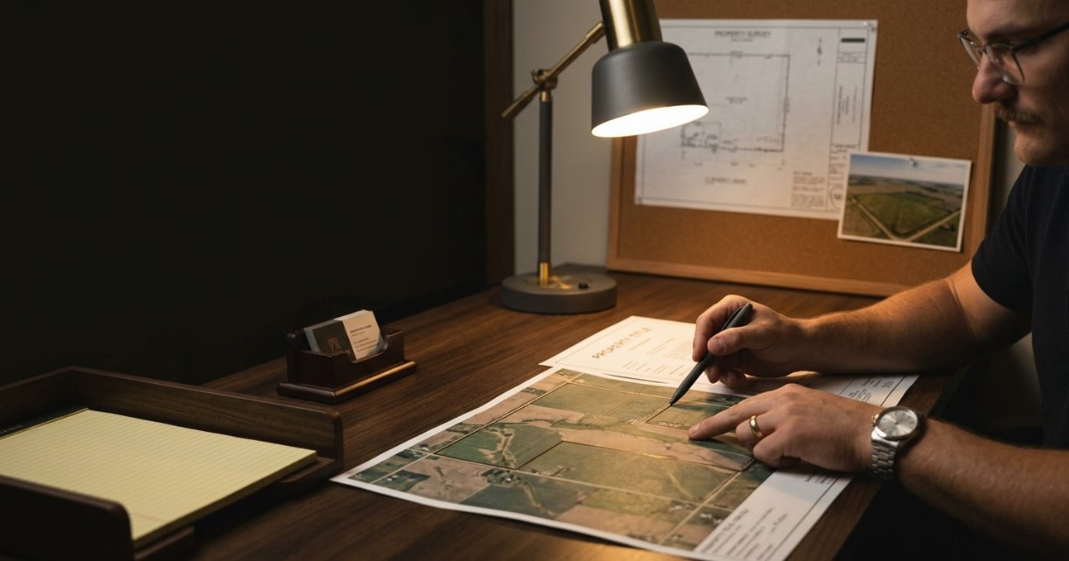  Realtor reviewing an aerial farmland map and property documents at a desk, representing the due diligence behind adding a rural and agricultural real estate license