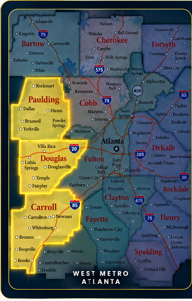 West Metro Atlanta map highlighting Douglas, Paulding and Carroll Counties in gold with surrounding Metro Atlanta counties, cities and major interstate routes