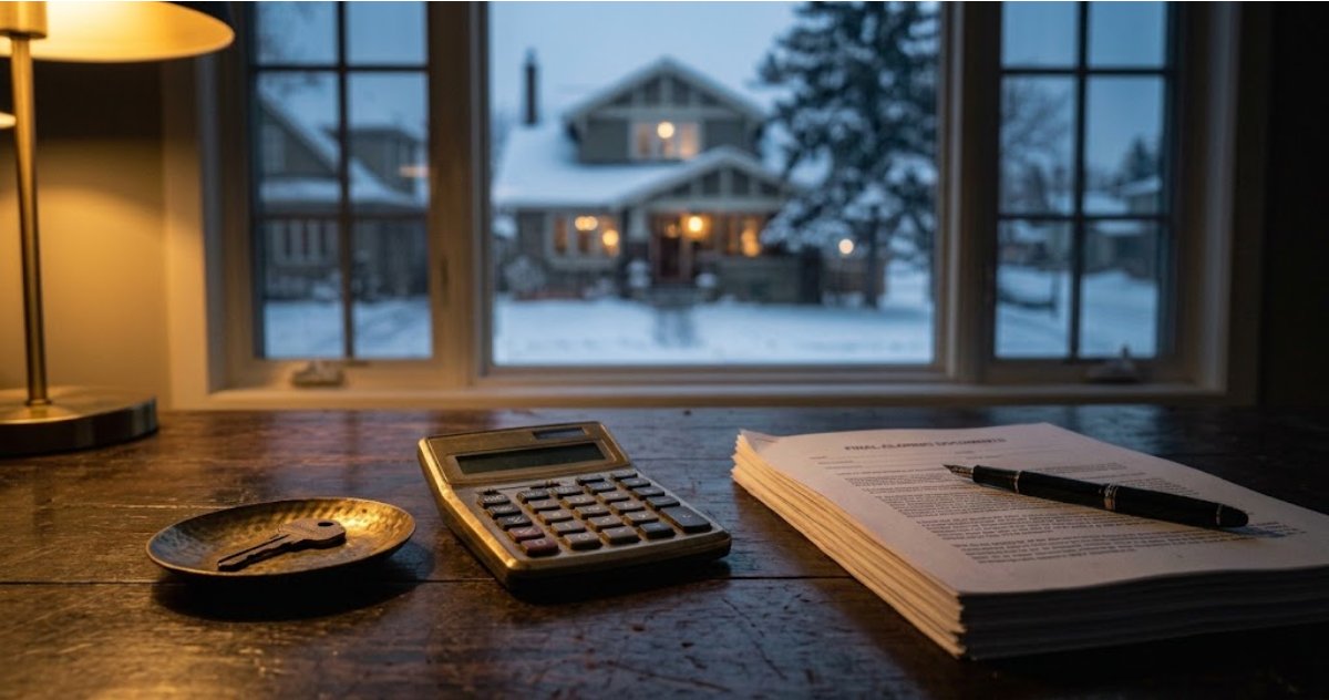 Calculator, house key, and closing documents on a desk with an Edmonton home visible through the window at dusk