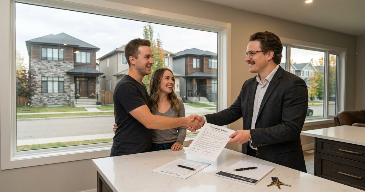 Homebuyer signing real estate documents at a desk in an Edmonton home after an accepted offer