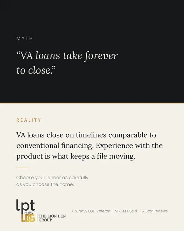 "Addressing a myth that measurably disadvantages military buyers in competitive offer situations: that VA financing is inherently slow.
An important structural clarification — the Department of Veterans Affairs does not underwrite the loan. The lender does. The VA provides a partial guaranty. Attributing timeline failures to ""the VA"" misidentifies the source.
The actual causes of extended VA closings are consistent and lender-controlled.
Absence of dedicated VA underwriting, resulting in queue delays behind conventional files. Late appraisal ordering, which is particularly consequential given the VA's assignment system does not permit the acceleration sometimes available conventionally. Failure to obtain the Certificate of Eligibility at intake, converting a five-minute administrative item into a two-week underwriting obstacle. And unfamiliarity with Tidewater procedure when valuation issues arise.
Each of these is within lender control.
VA transactions can and do close inside 30 days with competent execution. Extended timelines almost invariably trace to a lender developing competence on an active file.
Lender selection precedes property selection in order of importance.