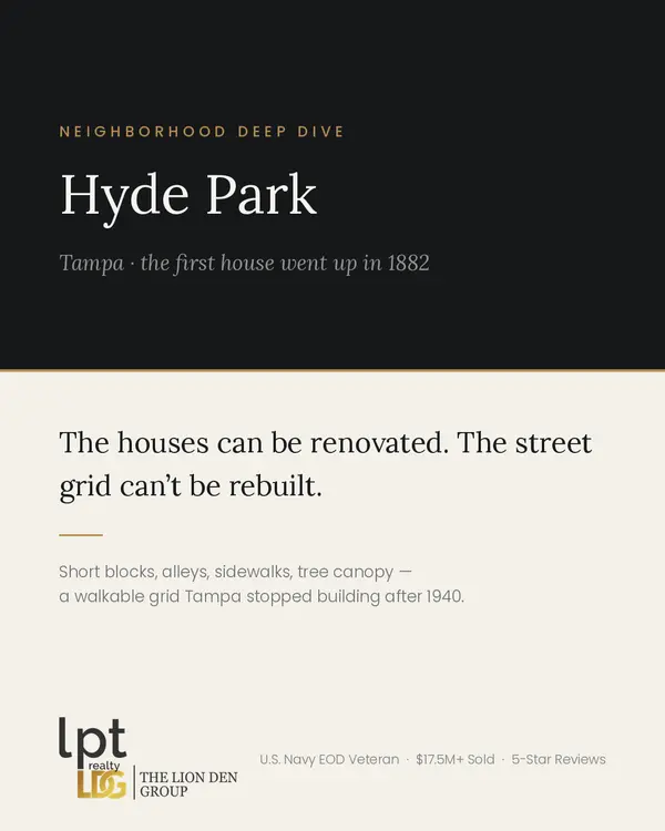 HYDE PARK — what you're actually paying the premium for.
Most of the marketing sells Hyde Park on the houses. The 1920s bungalows, the porches, the Village, Bayshore. Fine. But that's not where the value is concentrated.
It's the street grid.
Hyde Park was platted around the streetcar. The first house went up in 1882 on Morrison. Swann and Rome are noticeably wider than the streets around them because streetcar lines ran down them. What that left behind is short blocks, alleys, real sidewalks, and a mature canopy — a walkable layout Tampa largely stopped building after 1940 and can't reproduce under modern zoning in most of the county.
A house can be renovated. Gutted, re-roofed, re-piped, added onto. The grid it sits on can't be. That's the scarce asset, and it's a real part of why Hyde Park holds through cycles that are harder on newer product.
Now the part that doesn't make the listing photos:
It's a local historic district — one of only four in Tampa. Exterior repairs, additions, and new construction go through the Architectural Review Commission for a Certificate of Appropriateness. That's not a rubber stamp. Windows, roofline, front elevation — you are not the only vote on your own house.
Much of it sits low, close to the bay. Flood zone, elevation certificate, and an actual insurance quote need to be run before you're emotionally committed, not after inspection.
Volume is thin. Some months the historic district trades fewer than 20 homes. At that count a "neighborhood median" is noise — one estate sale moves it 50%. Price off the block and the comparable house, not a headline number.
So: Hyde Park earns its premium if you're buying the location and going in clear-eyed about the constraints. It's the wrong buy if what you actually want is to reshape a house to your taste on your own timeline.
And Bayshore's 4.5-mile uninterrupted walkway is the neighborhood's front yard. That part lives up to it.
Looking at something in 33606? Message me. I'll pull the flood zone, run the comps on that specific block, and walk you through what the ARC will and won't approve — including when the answer is that it's the wrong house.
