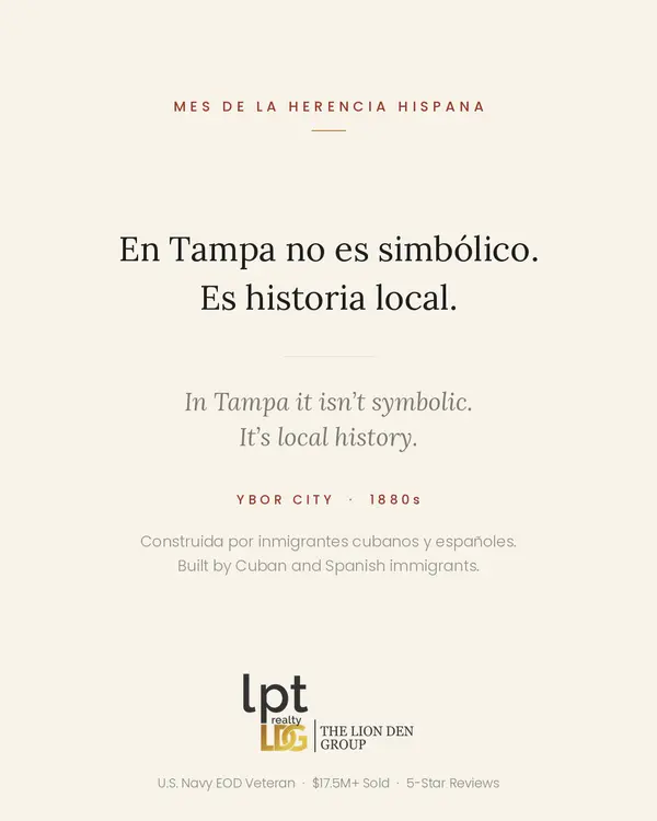 Hispanic Heritage Month begins today, and in Tampa the observance is grounded in specific local history rather than general sentiment.
Ybor City was established by Cuban and Spanish immigrants arriving in the 1880s to work in the cigar manufacturing industry. Those communities built mutual aid societies — El Centro Español, El Círculo Cubano — providing member healthcare and education decades before such structures were common in the United States.
That model of collective provision in the absence of institutional inclusion continues to characterize the community.
Tampa Bay's Latin American population continues to grow across Cuban, Puerto Rican, Colombian, Venezuelan, Mexican, and Dominican origins, each with distinct migration histories.
A candid professional observation from working with these families: the US real estate system was not designed with international or immigrant buyers as the assumed participant. Contract structures, timelines, insurance frameworks, and tax treatment all presume knowledge that was never taught.
That is navigable. It requires guidance delivered completely, in the client's language, without time pressure.
#MesDeLaHerenciaHispana #HispanicHeritageMonth #YborCity #TampaBay #ComunidadLatina #TampaBayRealEstate